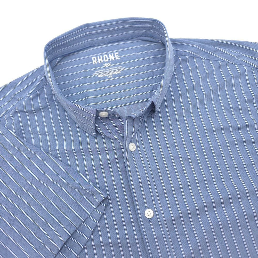 Rhone Mens L Blue White Pinstripe Commuter Short Sleeve Button Shirt 102958